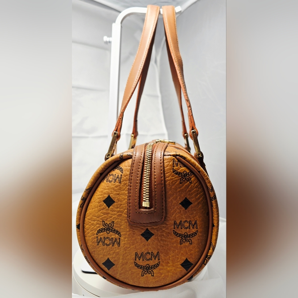 MCM Visetos Monogram Leather Barrel Shoulder Bag in Cognac Brown - Picture 7 of 14